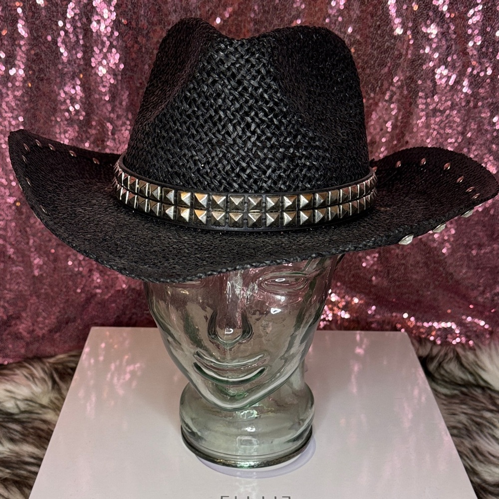 Mens woven black studded with rhinestone rim cowboy hat - Picture 2 of 5